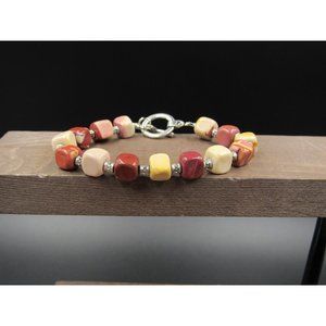 7" Silver Tone Yellow Cream Maroon Cube Stone Bracelet Vintage Elegant Beautiful